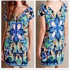 Anthropologie Maeve Folksong Dress Women XS Blue Teal Bird Print V Neck Shift